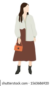 Stylish young woman dressed in trendy clothes. Fashionable casual formal outfits. Oversized shirt and skirt. Stylish girl on isolated white background. Flat cartoon vector illustration.