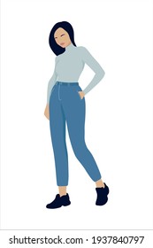 Stylish young woman dressed in trendy clothes. Vector illustration.