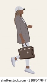 Stylish young woman dressed in trendy clothes. Fashionable casual street style outfit. Cute girl trendsetter. Modern street fashion look. Flat cartoon colorful vector illustration isolated.