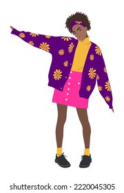 Stylish young woman dressed in trendy clothes. Casual street fashion autumn vintage style funky outfit. Cute african american girl cartoon character. Flat colorful vector realistic illustration.