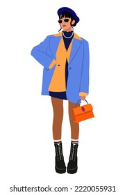 Stylish young woman dressed in trendy clothes. Casual street fashion autumn vintage style funky outfit. Pretty girl in bright colors fall look. Flat colorful vector realistic illustration.