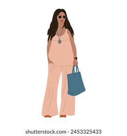 Stylish young woman in fashion outfit. Girl in a summer pantsuit with handbag. Hand drawn vector illustration isolated on white background, flat cartoon style.
