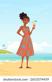Stylish young woman in a floral summer dress enjoying a tropical cocktail by the beach. Calm ocean, palm trees, and sunny sky in the background. Cartoon vector illustration