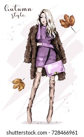 Stylish young woman in fur jacket holding bag. Beautiful blond hair fashion woman. Autumn clothing outfit. Fashion model posing. Sketch. 