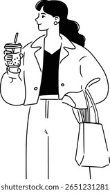 Stylish young woman holding a bubble tea and a canvas tote bag. Modern line art illustration of a person on a casual day out.