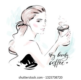 Stylish young woman holds coffee to go.  Hand drawn fashion sketch.
