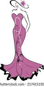 Stylish young woman in a long black dress with a hat. Logo for beauty salons, stylish boutiques