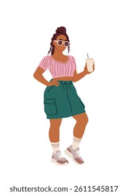 Stylish young woman in modern street fashion summer clothes standing with coffee to go cup. Colorful flat vector illustration isolated on white background