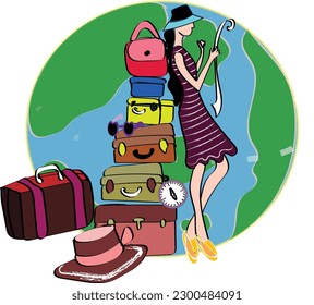Stylish young woman with packed travel bags Ready for vacation stock illustration