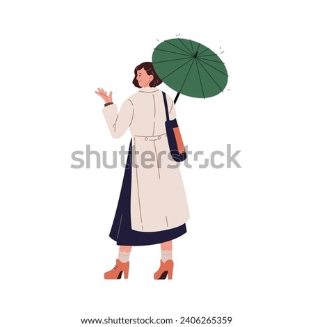 Stylish young woman in raincoat under umbrella back view. Business girl holding parasol, hiding from rain. Person with brolly standing in rainy weather. Flat isolated vector illustration on white