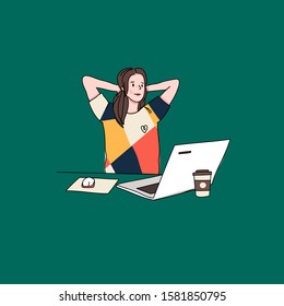 Stylish young woman is resting with laptop. Studying, browsing internet, social media, blogging. Online education or communication concept. Hand drawn vector illustration. Cartoon style