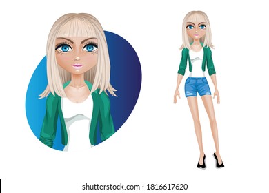 Stylish young woman in shorts and a green jacket. A blonde with blue eyes. Beautiful cartoon character modern. Vector illustration isolated on white background.