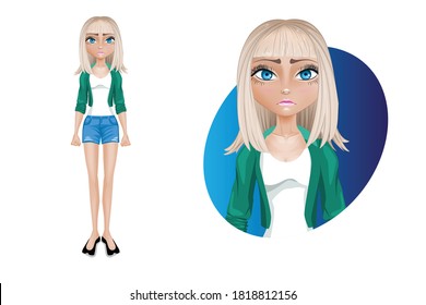 Stylish young woman in shorts and a green jacket. Beautiful cartoon character modern. Pose- Sad.