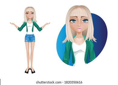 Stylish young woman in shorts and a green jacket. Beautiful cartoon character modern. Pose- Sorry.