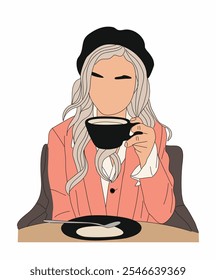 Stylish young woman sitting at the table in cafe, restaurant, holding cup drinking coffee or tea. Vector colored outline drawing isolated on transparent background.