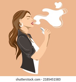 Stylish young woman smoking vape ,electronic cigarette and holds a vaporizer smoking device in her hand vector illustration. People Enjoying Vaping.Template advertising poster.Hipster lifestyle