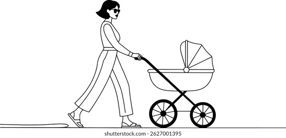 Mulher jovem elegante passeando com um carrinho de bebê em ilustração vetor preto e branco