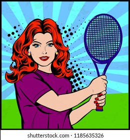 Stylish young woman with tennis racket in her hands. Vector illustration in retro comic style. Vector pop art