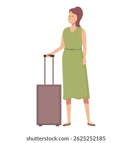 Stylish young woman traveler with green suitcase standing and ready for adventure. Vector illustration in simple flat design. Isolated and fashionable