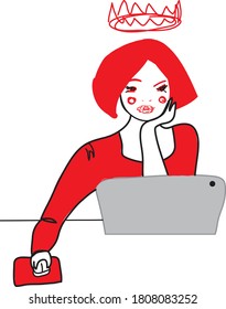 Stylish young woman using laptop. Styding, browsing internet, social media, blogging. Online education or comunication concept. Hand drawn vector illustration. Cartoon style.