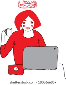 Stylish young woman using laptop. Styding, browsing internet, social media, blogging. Online education or comunication concept. Hand drawn vector illustration. Cartoon style.