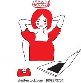 Stylish young woman using laptop. Styding, browsing internet, social media, blogging. Online education or comunication concept. Hand drawn vector illustration. Cartoon style.