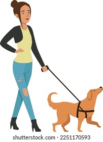 Stylish young woman walking with dog. Cartoon character
