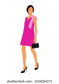 Stylish young woman wearing fashionable magenta dress for evening event, cocktail or party. Gorgeous girl in luxury clothes. Fashion show model. Vector realistic illustration isolated on white.