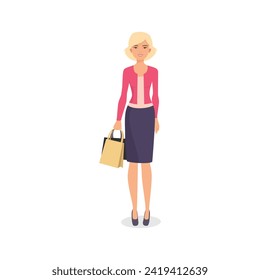 Stylish young woman wearing heels and jacket, standing with shopping bags vector illustration