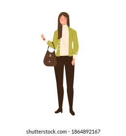 Stylish young woman wearing modern jacket, trousers and turtleneck. Female character in trendy clothes holding handbag. Flat vector cartoon illustration isolated on white background