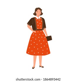 Stylish young woman wearing red dotted dress in 50s style. Beautiful female character in retro fashionable garment. Flat vector cartoon illustration isolated on white