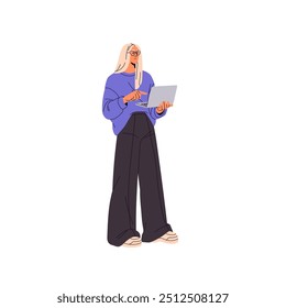 Stylish young woman wearing wide trousers. Fashion girl pointing on computer screen with finger. Modern employee presenting report with laptop. Flat isolated vector illustration on white background