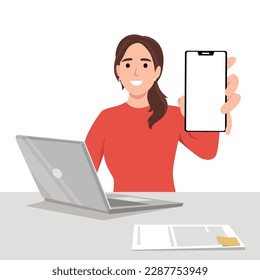 Stylish young woman working on laptop computer and showing mobile phone. Trendy girl using digital device. Flat vector illustration isolated on white background