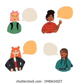Stylish young women with bubble speech set. Different nationalities, cultures and various looks teenager girls. Feminism, independence, equality concept.