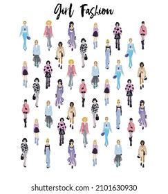 Stylish young women dressed in trendy clothes. Crowd of girls.