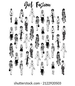 Stylish young women dressed in trendy clothes. Crowd of girls. Black and white illustration