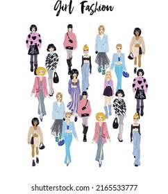 Stylish young women dressed in trendy clothes. Crowd of girls.