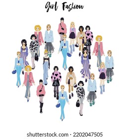 Stylish young women dressed in trendy clothes. Crowd of girls.