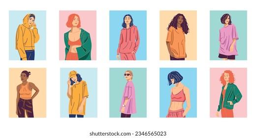 Stylish young women dressed in trendy clothes color concept. Fashionable casual outfits. Digital illustrations for web page, mobile app, promo.