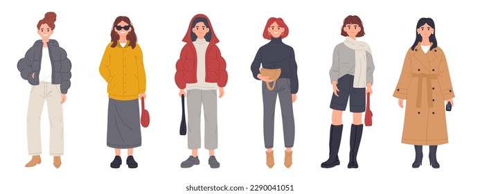 Stylish young women. Fashionable trendy dressed girls wearing casual outfits. Modern fashion looks flat cartoon vector illustration set