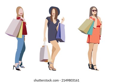 Stylish young women smiling and posing with shopping bags on purple background