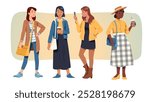 Stylish young women trendy clothes fashion. Beautiful girls in modern fashionable clothing apparel standing posing, holding bags, coffee cups, cell. Lady portrait flat vector illustration set