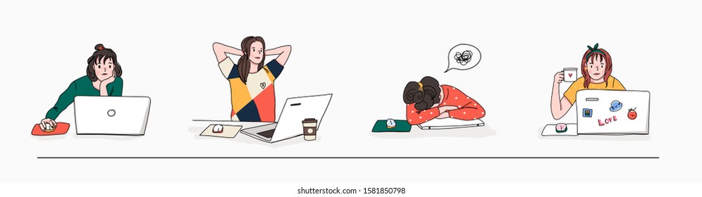 Stylish young women using laptops. Studying, browsing internet, social media, blogging. Online education or communication concept. Set of four hand drawn vector illustrations. Cartoon style