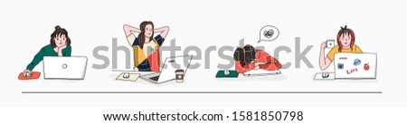 Stylish young women using laptops. Studying, browsing internet, social media, blogging. Online education or communication concept. Set of four hand drawn vector illustrations. Cartoon style