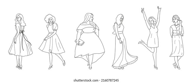 Stylish young women wearing prom dresses set. Girls in evening outfits in line sketch style. Female graduation party apparel. Outline vector illustration isolated on white background