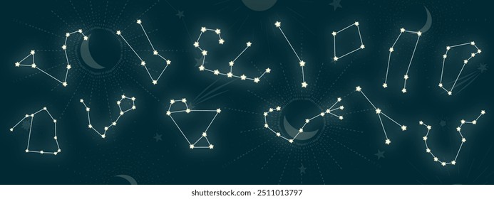 A stylish zodiac constellation vector featuring all 12 signs, beautifully arranged on a celestial background with subtle cosmic elements, ideal for astrological and spiritual themes.
