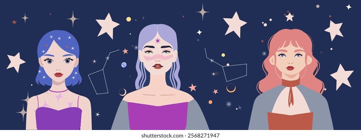 Stylish zodiac illustration featuring Capricorn, Sagittarius, and Scorpio. The celestial background with stars and constellations creates a dreamy and cosmic vibe