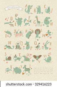 Stylish zoo alphabet in vector. Lovely animals with english letters and names. Best abc-poster in sweet colors for children preschool education
