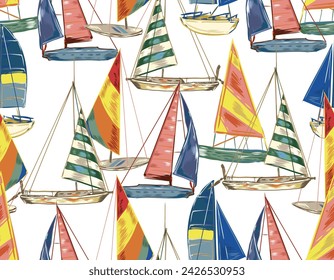 Stylished Marine nautical hand drawn Sail boat seamless vector pattern, vector, Colourful summer illustrator ,Design for fashion , fabric, textile, wallpaper , wrapping and all prints