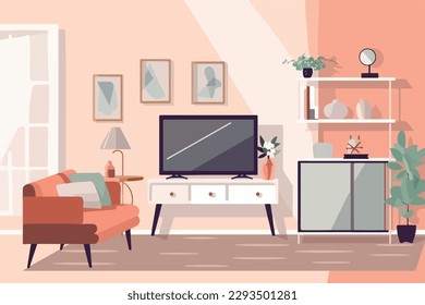 A stylishly decorated beach style living room interior, furniture colourded, trendy decor, inviting ambiance, TV Wall, afternoon. Flat vector design.